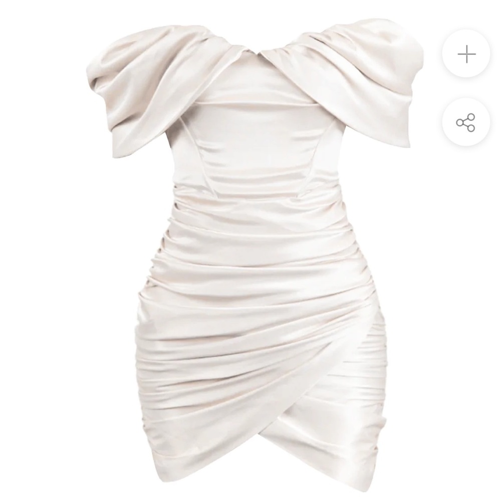 LEAU: white satin party dress. House of CB dupe